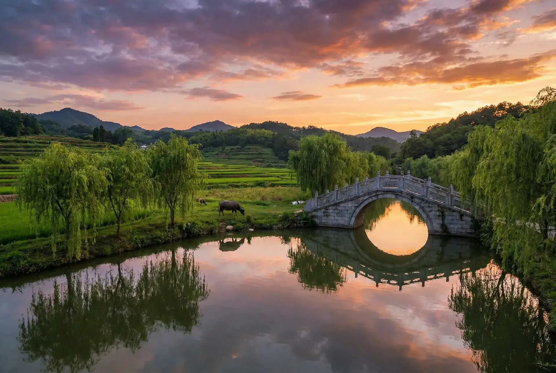 夕阳下的石拱桥与垂柳，水牛在河边吃草 - 小米二代 乡村美景